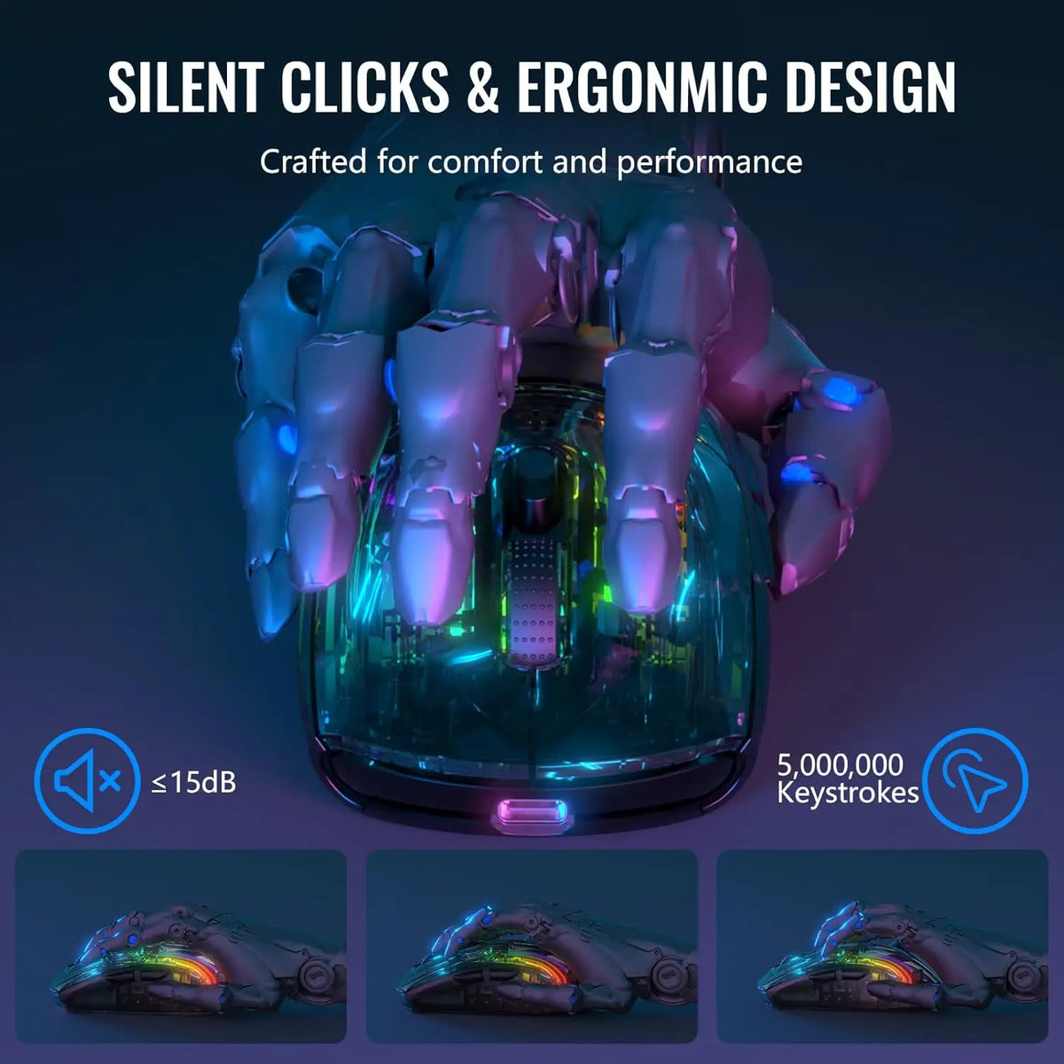 Wireless Gaming Mouse with RGB Charging Dock,Tri-Mode Mute Mouse RGB Backlit,Transparent Shell,PixArt 3212