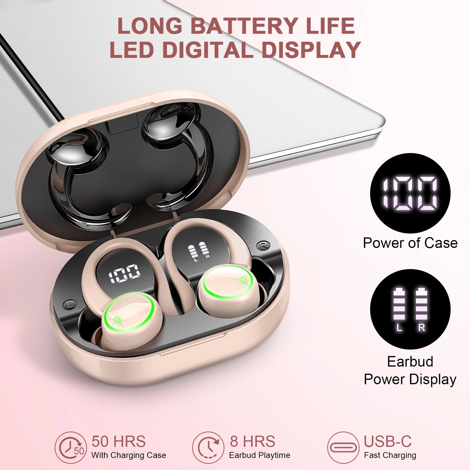 Wireless Earbuds Sports, Bluetooth Headphones 5.3,4 ENC Noise Cancelling Mic, IP7 Waterproof Headset, 48H Playback.