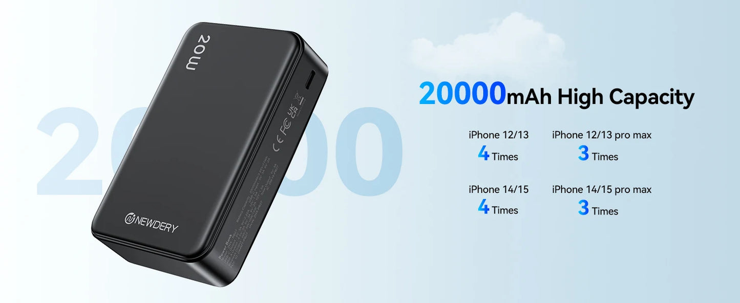 NEWDERY 20000mAh Magnetic Power Bank PD 20W Wireless Fast Charging for iPhone 15/14/13/12/Pro Max/Pro/Plus/Mini/ AirPods 3/2/Pro
