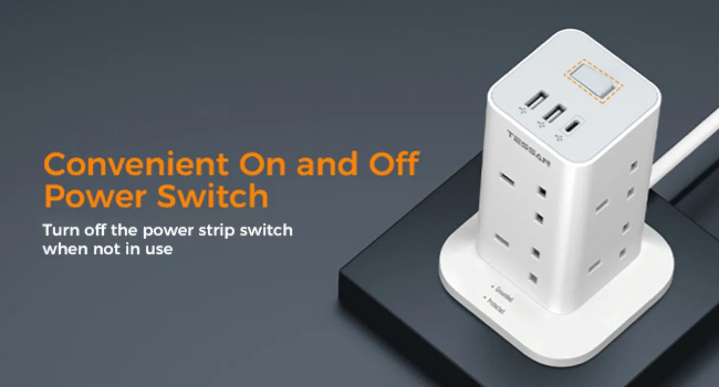 TESSAN Multi Tower Power Strip with 8 Outlet 3 USB Ports with Switch UK Plug Socket 2m/5m Extension Cord Surge Protection