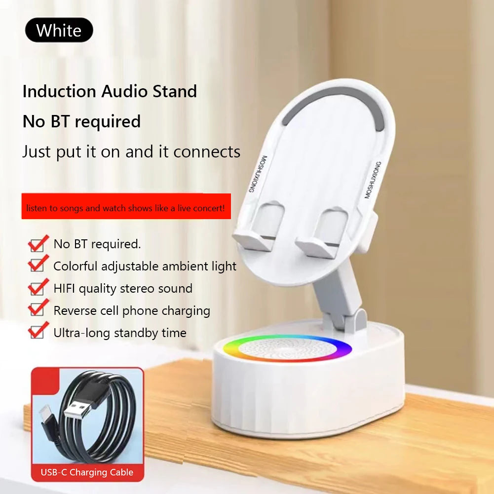 Cellphone Stand with Powerbank Phone Charger Speaker 360 Degree Rotating Induction Phone Bracket Multi-Function for Desk Bedroom