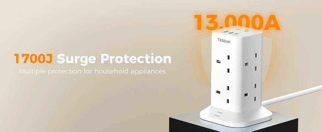 TESSAN Multi Tower Power Strip with 8 Outlet 3 USB Ports with Switch UK Plug Socket 2m/5m Extension Cord Surge Protection