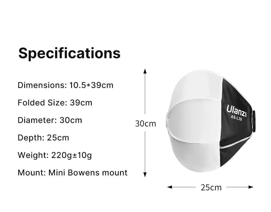Ulanzi AS-L30 30cm Portable Globe Lantern Softbox Mini Bowens Mount Ball Diffuser Quick Install for Ulanzi LT028 40W COB LED