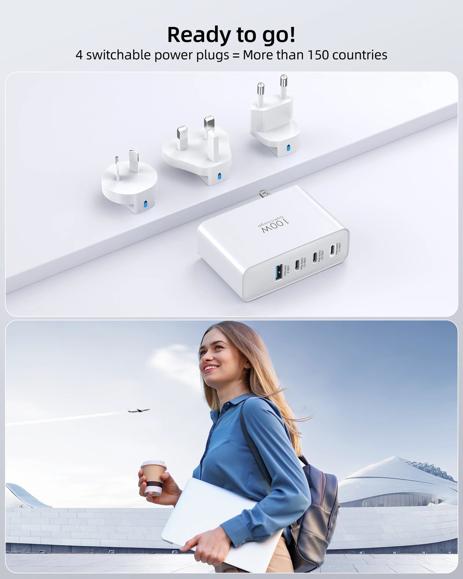 100W USB C Travel Charger, 4-Ports Foldable Travel Adapter Plug Converter With UK/EU/AU Plugs, Fast Charging For IPad iPhone