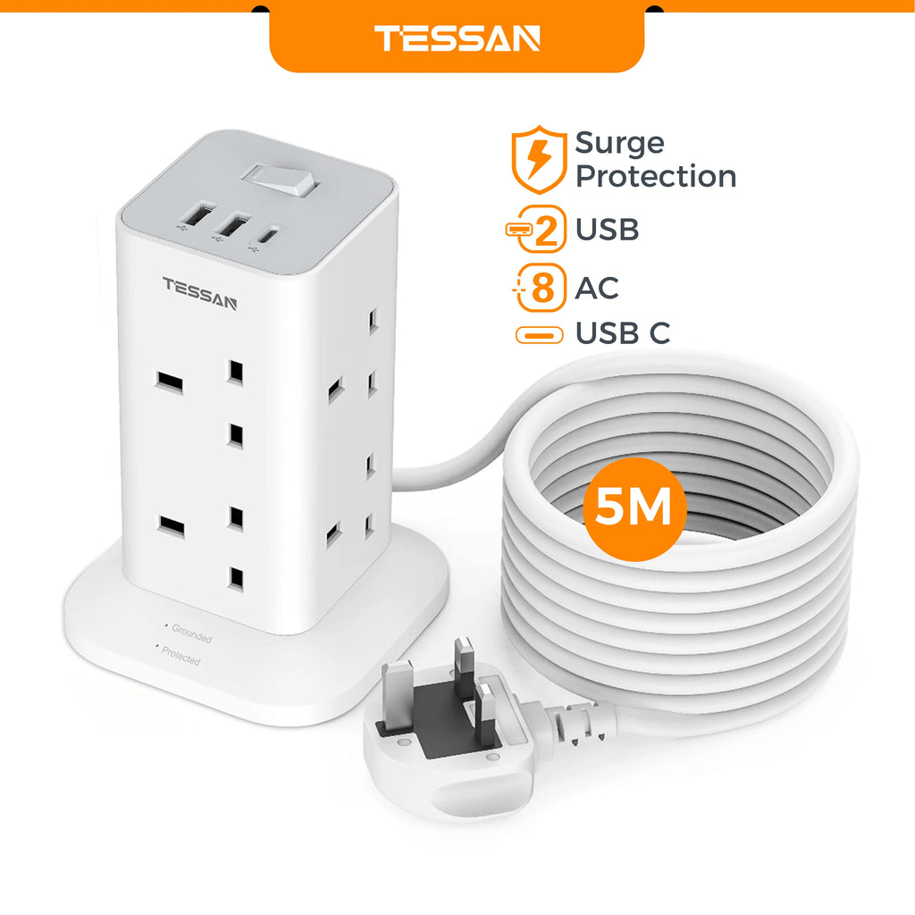 TESSAN Multi Tower Power Strip with 8 Outlet 3 USB Ports with Switch UK Plug Socket 2m/5m Extension Cord Surge Protection