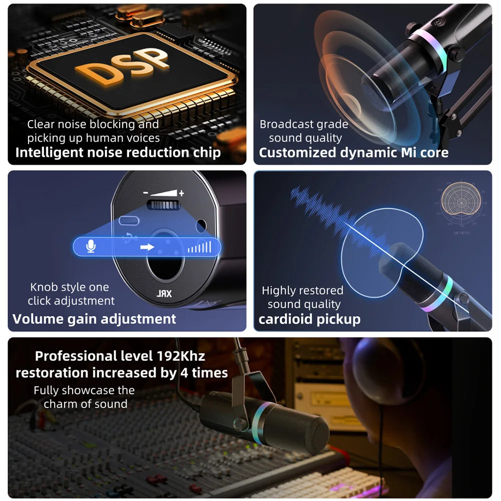 USB XLR Dynamic Gaming Microphone RGB Dynamic Computer Microphone PC Computer Gaming Mic for Streaming Recording