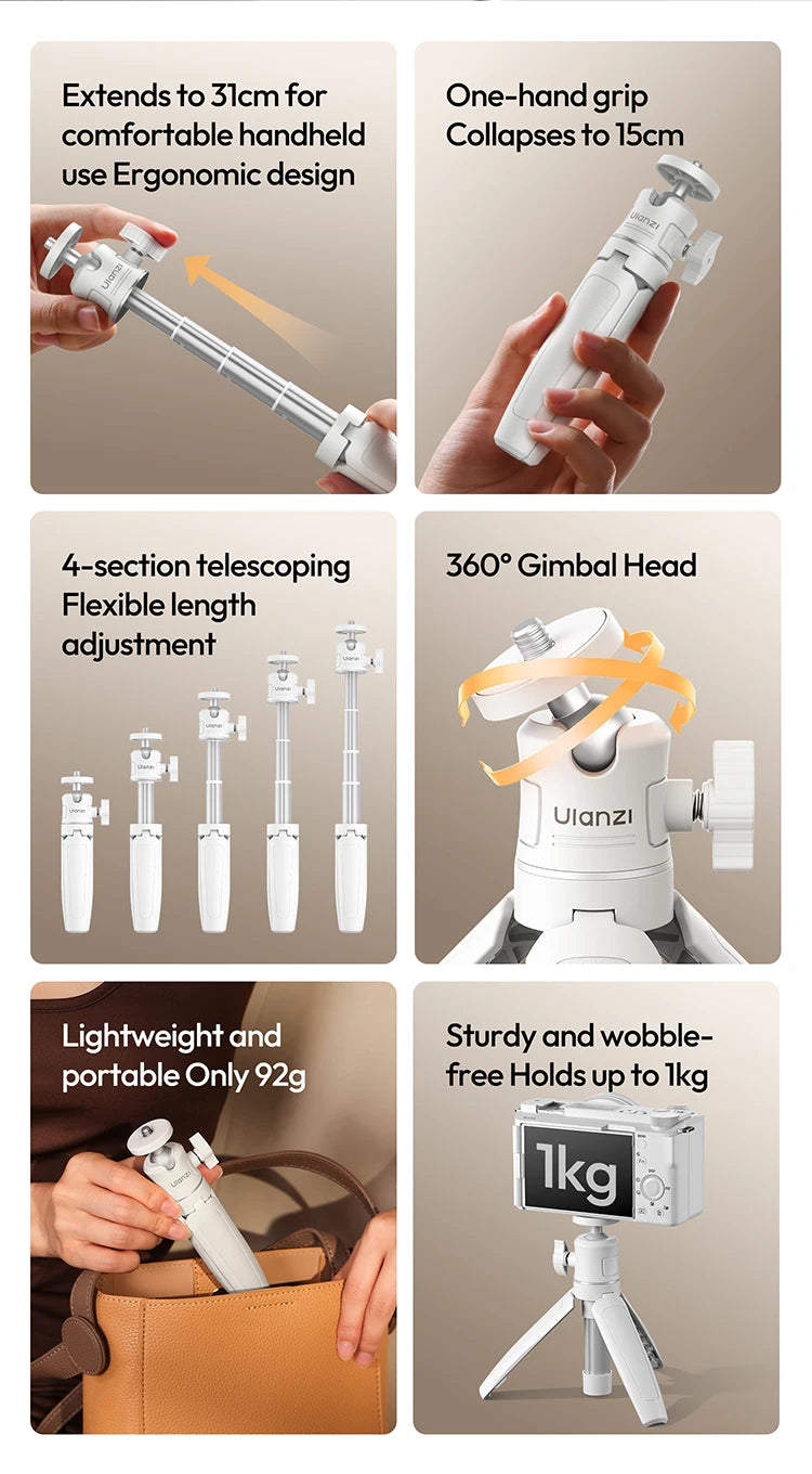 Ulanzi MT-08 Mini Tripod White Color Foldable Tripod Monopod  Mount 1/4'' Tripod Universal for DSLR Android iPhone Smartphone