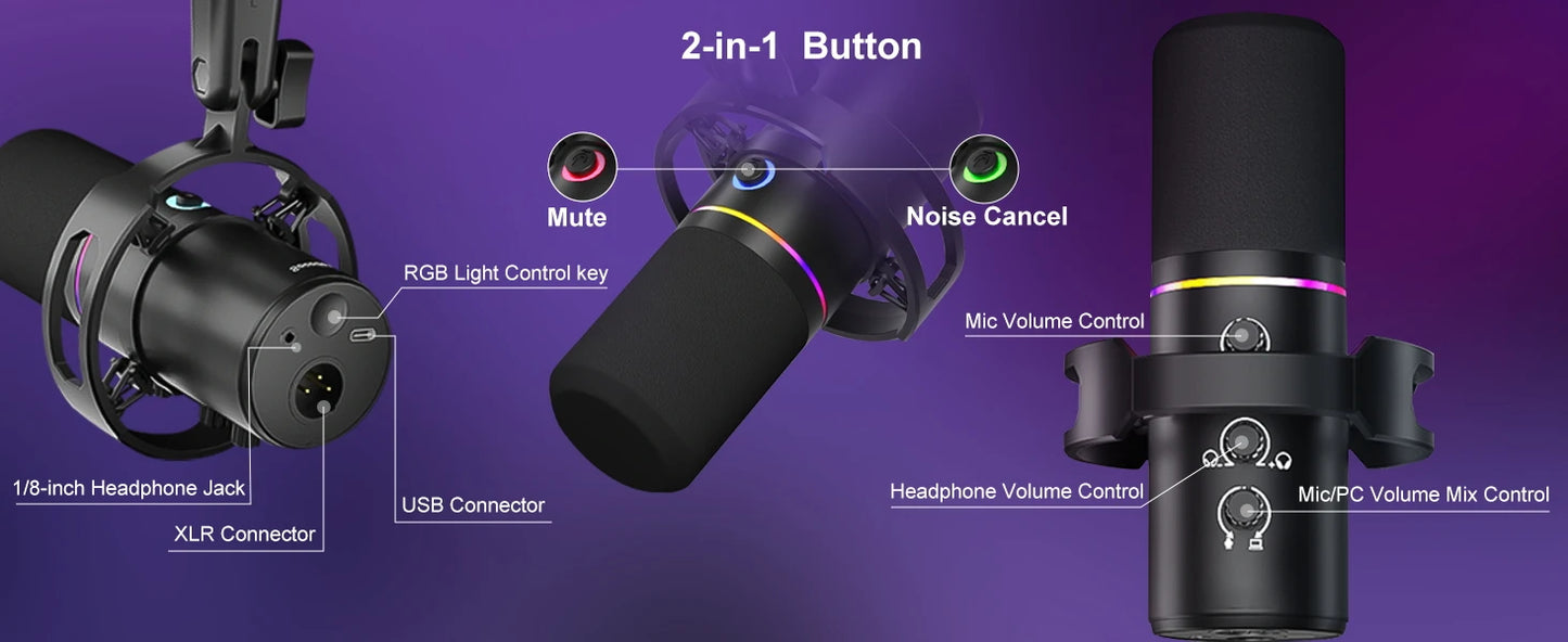 Kit de micrófono dinámico XLR/USB, micrófono de PC para streaming, podcasting, gaming, RGB, función de silencio y cancelación de ruido, volumen
