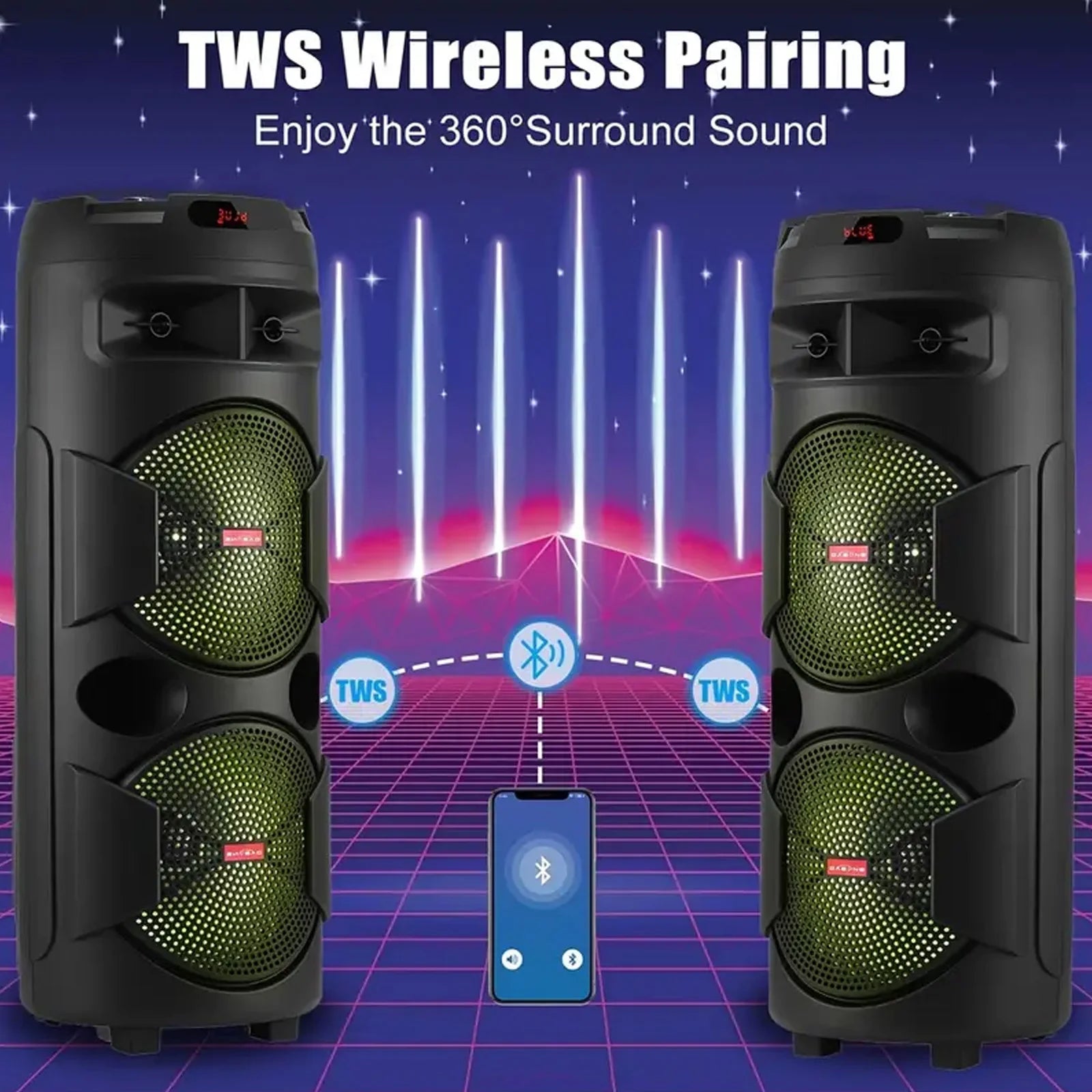 9000W Dual 12 inch Subwoofer Bluetooth Party Speaker With RGB Lights, FM Radio, USB/TF Playback, TWS Pairing, Long Playtime