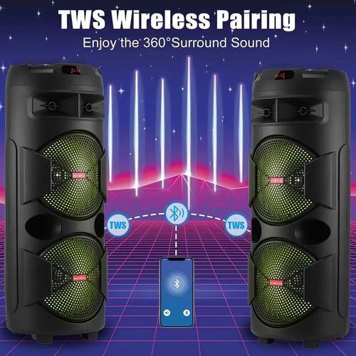 9000W Dual 12 inch Subwoofer Bluetooth Party Speaker With RGB Lights, FM Radio, USB/TF Playback, TWS Pairing, Long Playtime