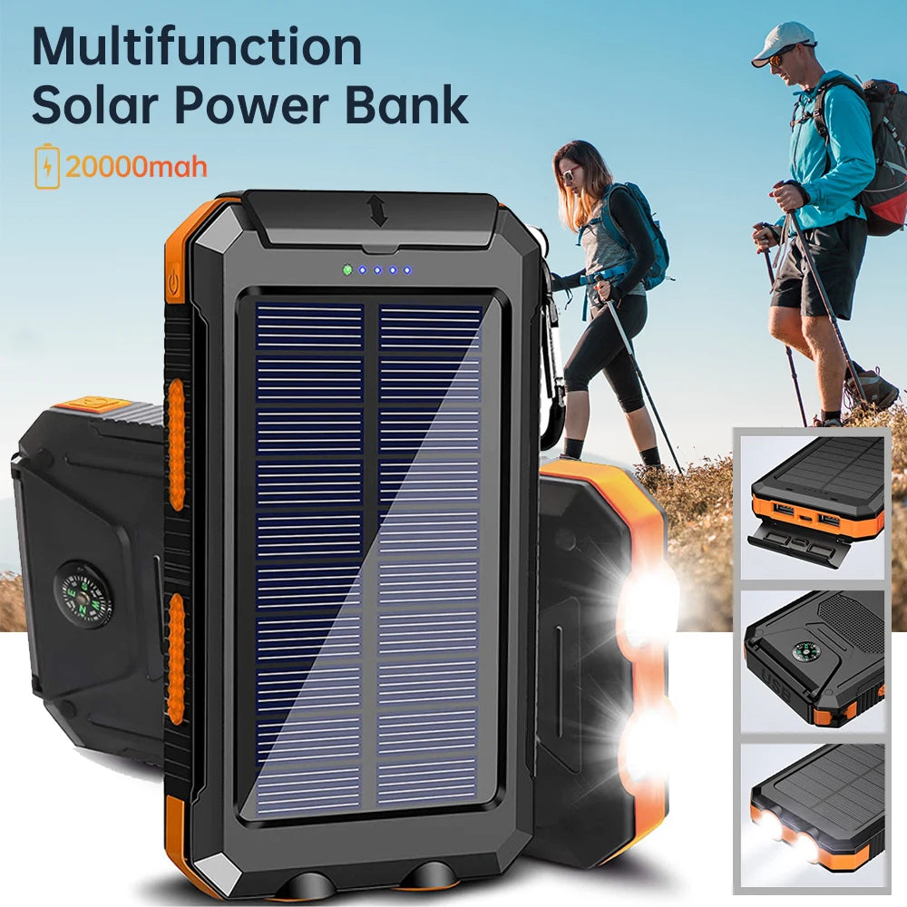 20000mAh Portable Solar Power Banks Outdoor Backup Power External Battery Pack with  LED Light Compass Powerbanks