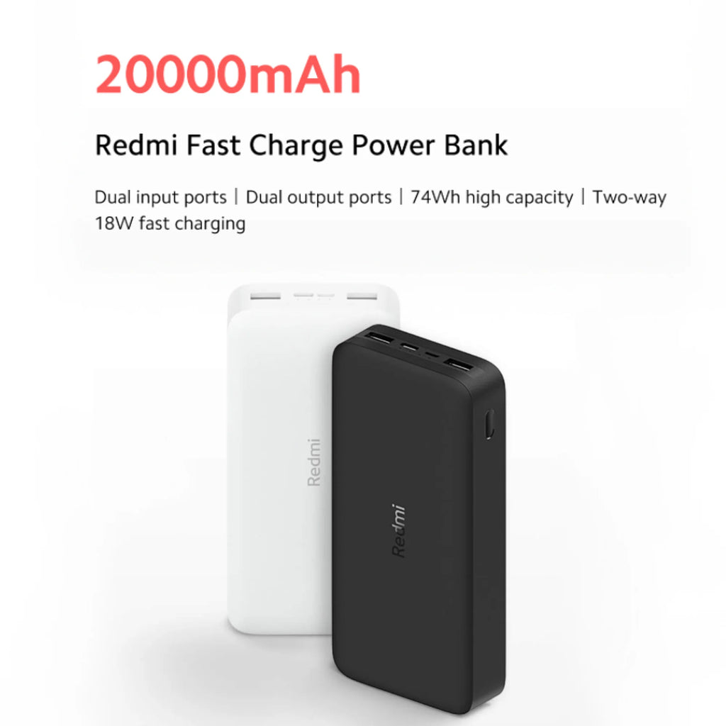 Xiaomi 20000mAh Redmi 18W Fast Charge Power Bank Black, High Capacity of 20000mAh, Two-way 18W Fast Charge, Low-current Charging