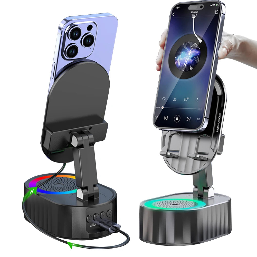 Cellphone Stand with Powerbank Phone Charger Speaker 360 Degree Rotating Induction Phone Bracket Multi-Function for Desk Bedroom