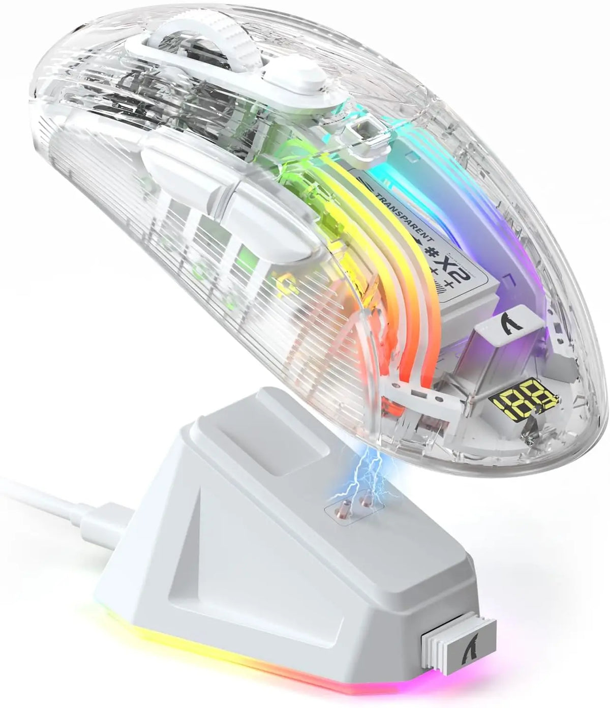 Wireless Gaming Mouse with RGB Charging Dock,Tri-Mode Mute Mouse RGB Backlit,Transparent Shell,PixArt 3212