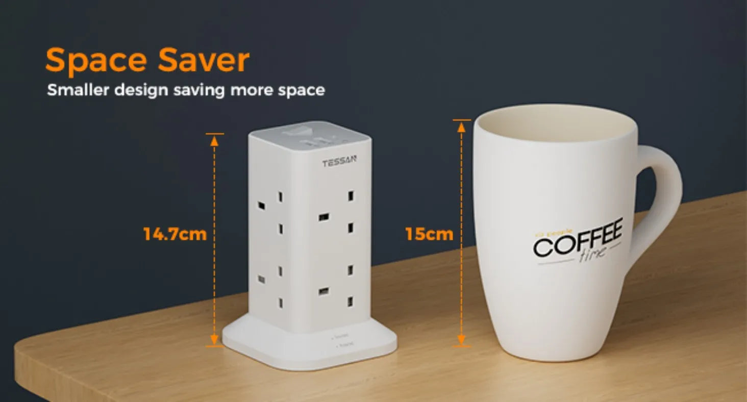 TESSAN Multi Tower Power Strip with 8 Outlet 3 USB Ports with Switch UK Plug Socket 2m/5m Extension Cord Surge Protection
