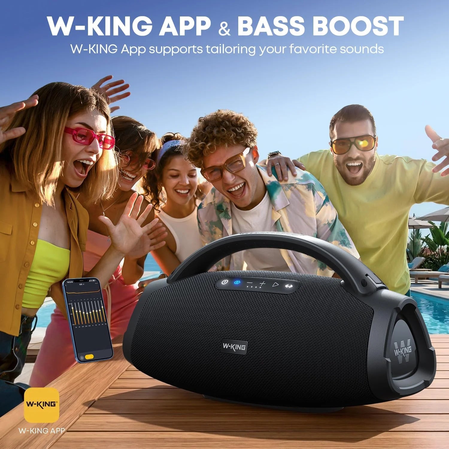 W-KING 330W Peak Wireless Boom Box Large Bluetooth Speaker 7.5" Subwoofer/IPX7 Waterproof Party Massive Bass for Outdoors