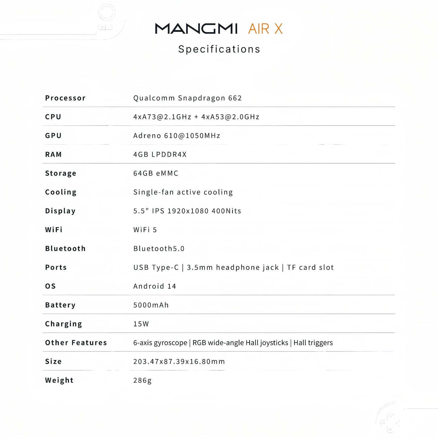 MANGMI AIR X Handheld-Spielekonsole Snapdragon 662 5000mAh Akku 5,5-Zoll-Bildschirm 15W Schnellladung Android 14 Videospiel-Player