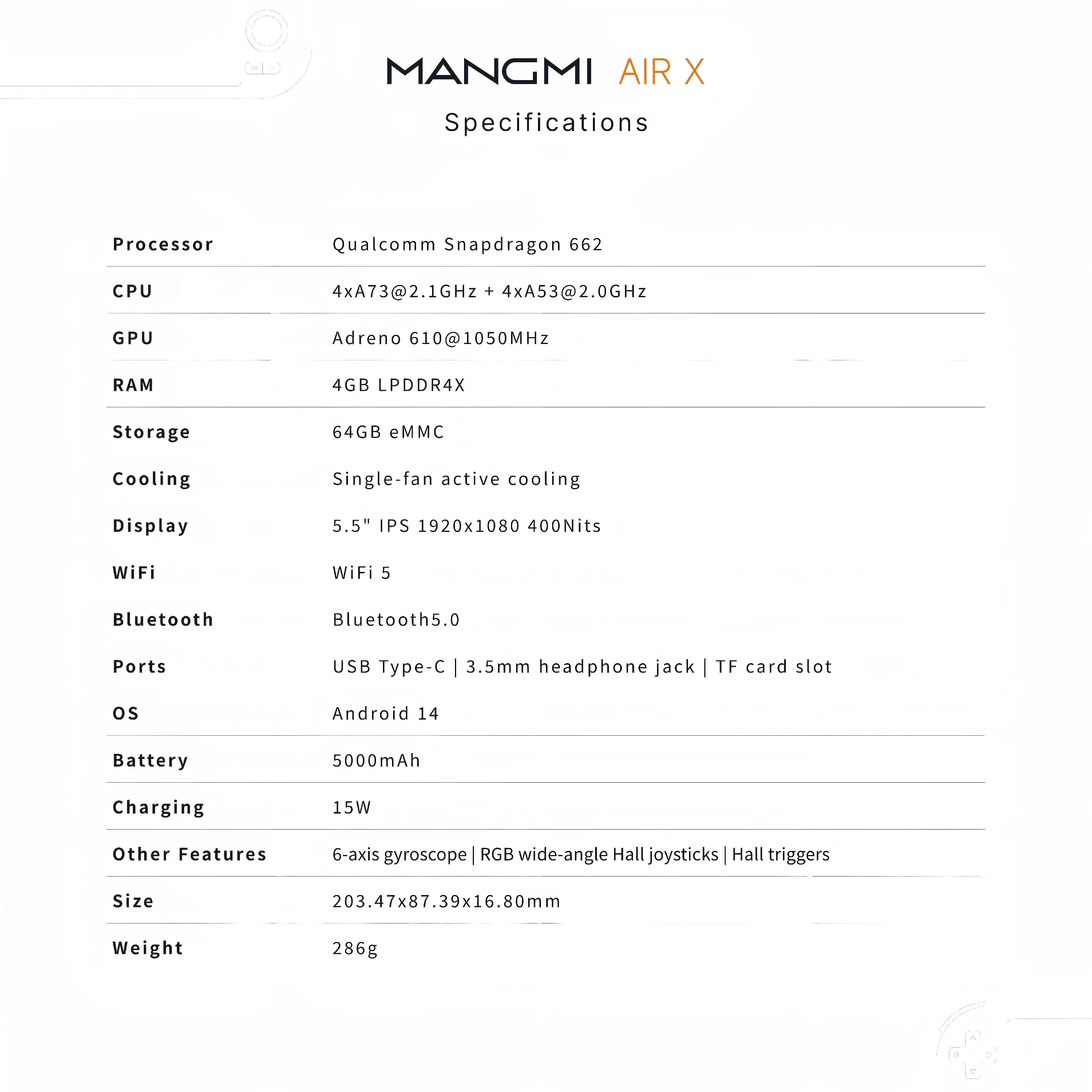 MANGMI AIR X Handheld Game Console Snapdragon 662 5000mAh Battery 5.5-inch Screen 15W Fast Charging Android 14 Video Game Player