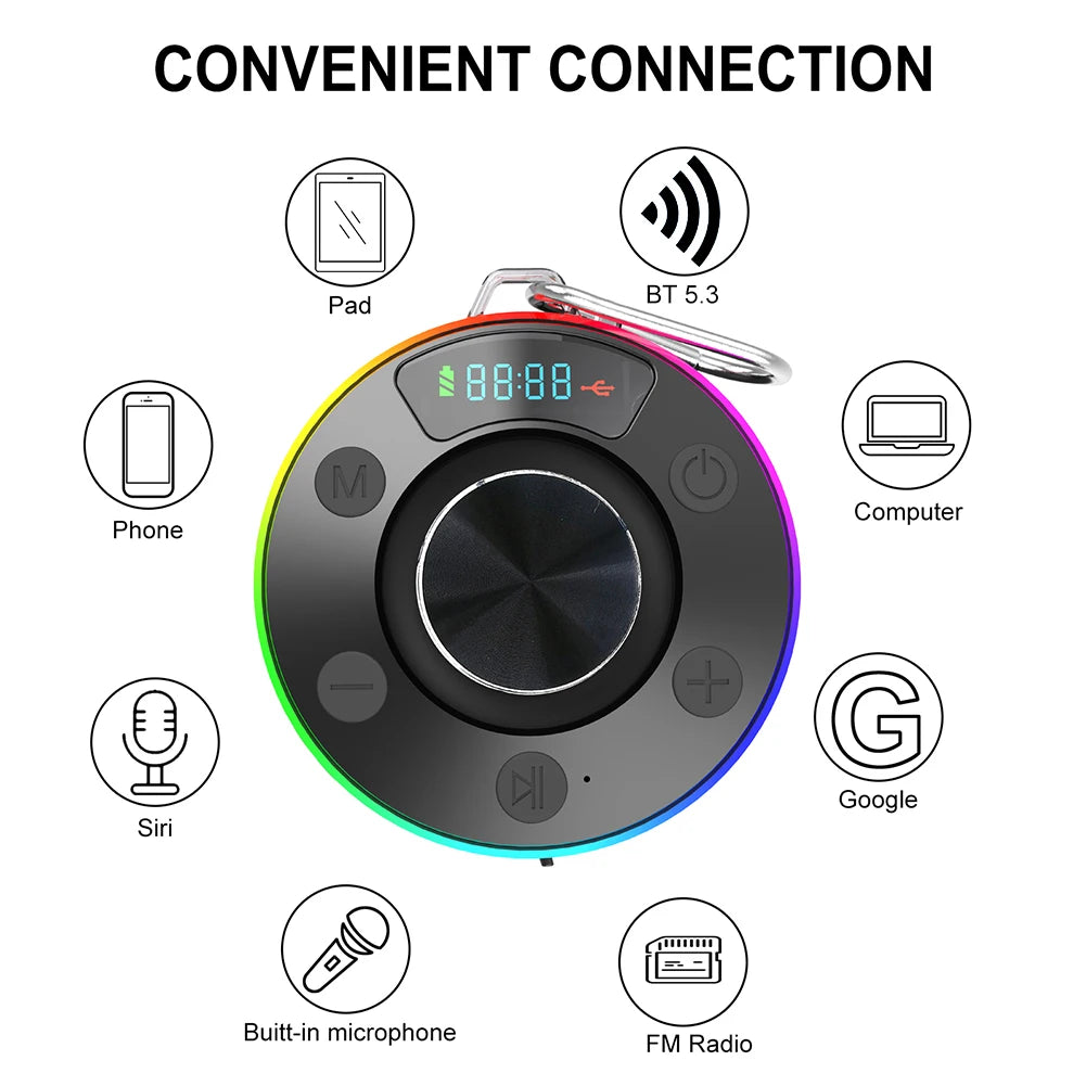Bluetooth 5.3 Waterproof Shower Speaker with Suction Cup IPX7 for Beach Pool and Bathroom Use with FM Radio