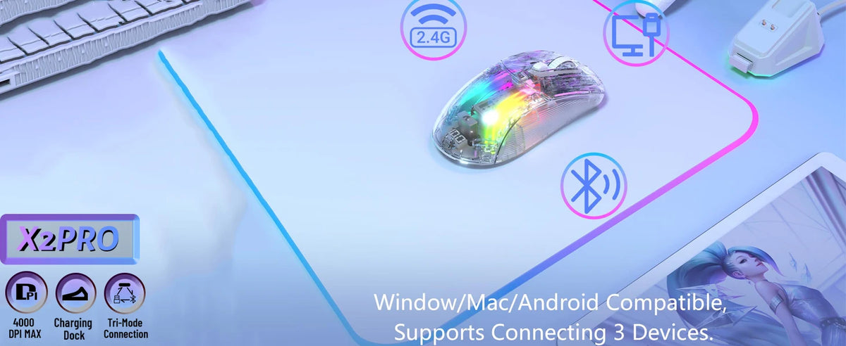 Wireless Gaming Mouse with RGB Charging Dock,Tri-Mode Mute Mouse RGB Backlit,Transparent Shell,PixArt 3212