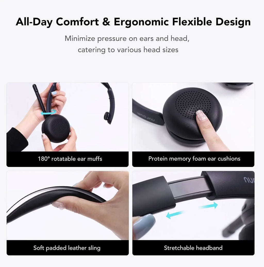 Nuroum HP31SN Wireless Headset with Noise Cancelling Microphone Bluetooth 5.3 for Work Office Call Center, Mute Button Multi-Point Over Ear Headphones for PC Laptop Computer Teams Zoom, Darkgrey Earphones