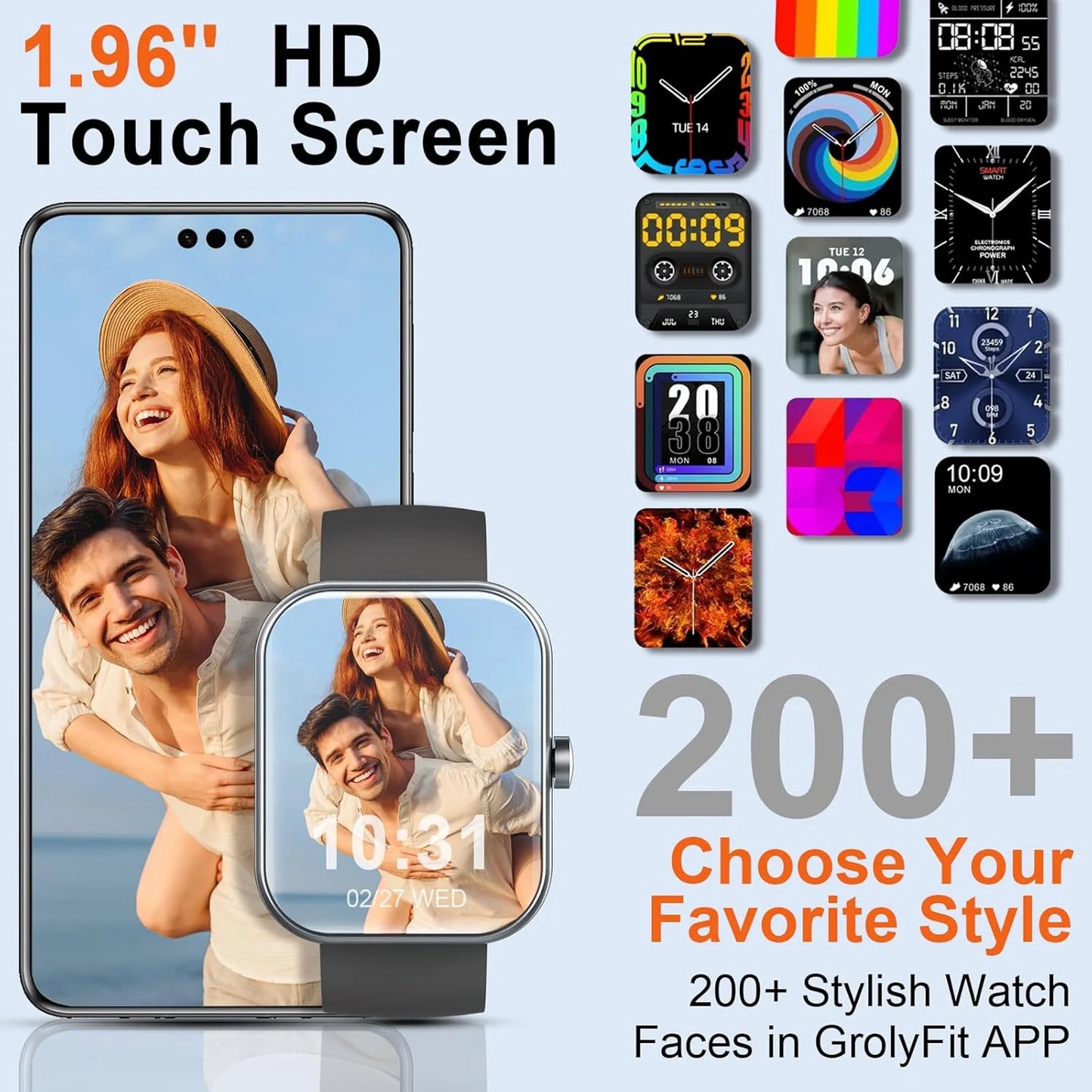Smartwatch (Anrufe annehmen/tätigen), 1,96" Smartwatch, Fitness-Tracker, Schlafmonitor, Schrittzähler, über 100 Sportmodi, IP68 wasserdicht