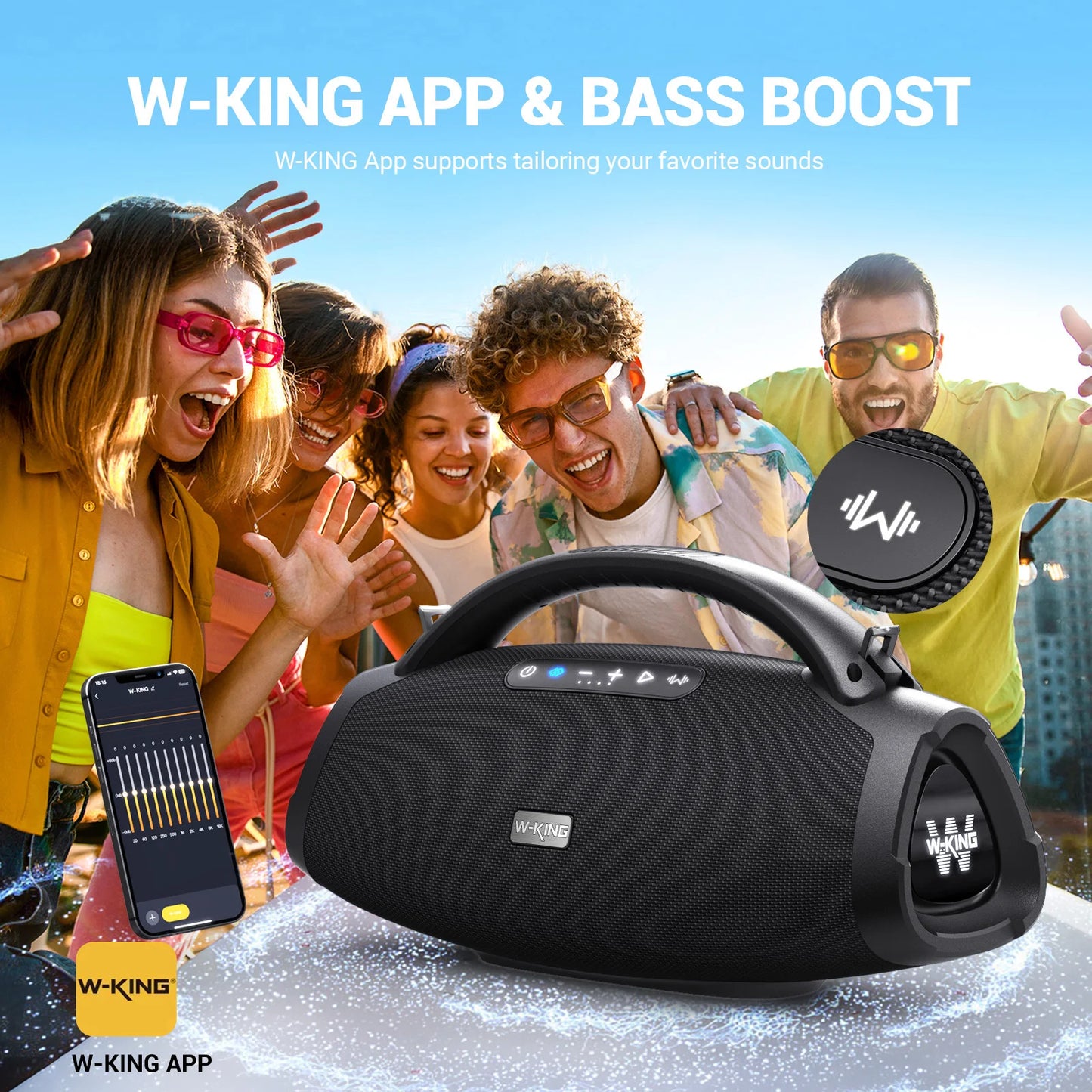 W-KING 330W Pico Altavoz inalámbrico tipo Boom Box grande con Bluetooth, Subwoofer de 7.5"/IPX7 a prueba de agua, Graves masivos para fiestas al aire libre