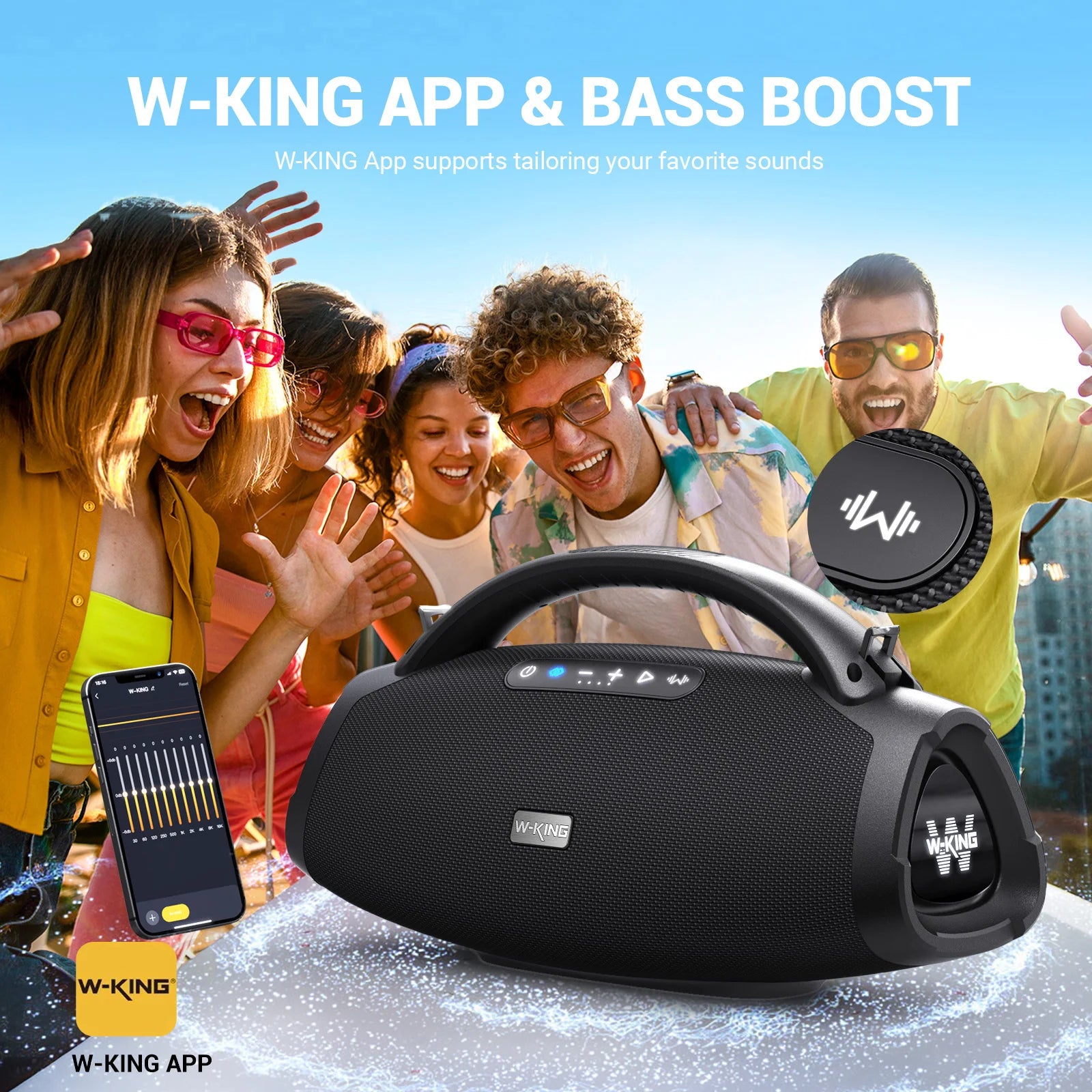 W-KING 330W Peak Wireless Boom Box Large Bluetooth Speaker 7.5" Subwoofer/IPX7 Waterproof Party Massive Bass for Outdoors