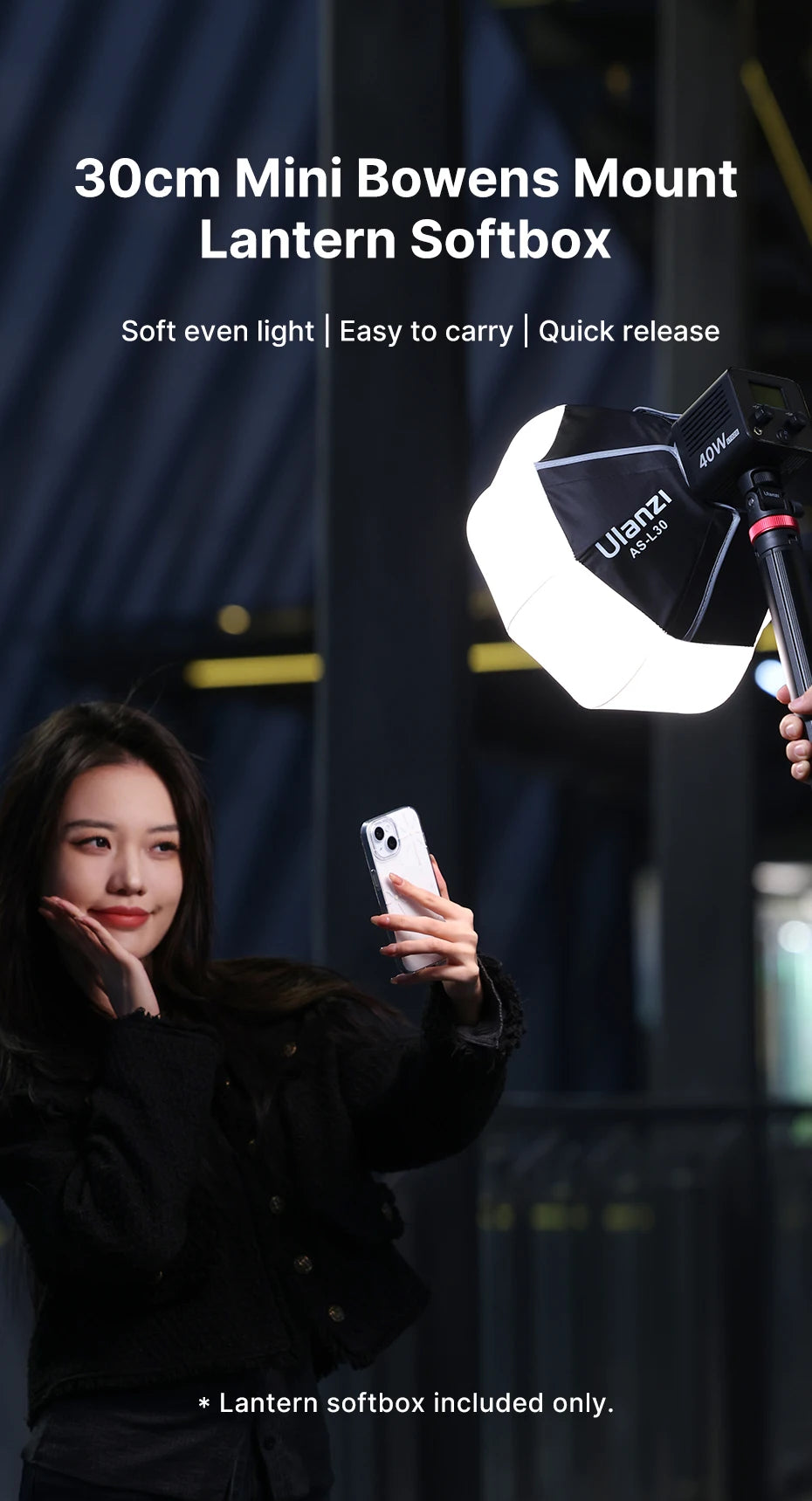 Ulanzi AS-L30 30cm Portable Globe Lantern Softbox Mini Bowens Mount Ball Diffuser Quick Install for Ulanzi LT028 40W COB LED