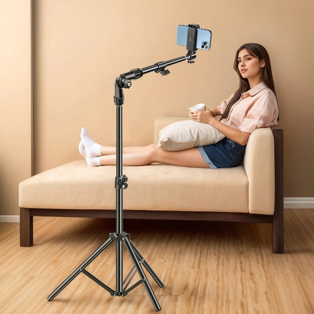 Horizontal Overhead Tripod Adjustable Cell Phone Tripod Stand for Filming Video Recording Live Stream Floor Telescopic Bracket