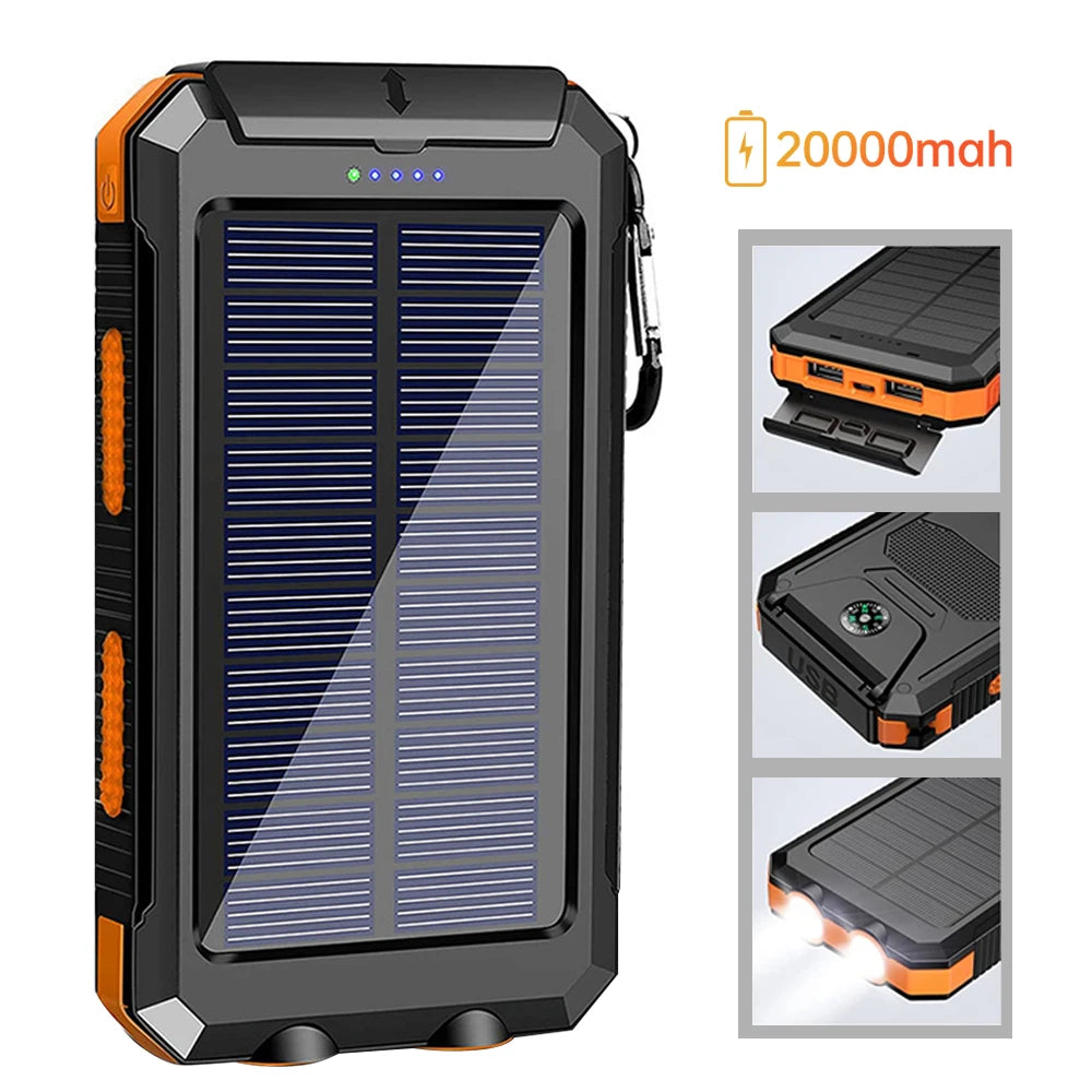 20000mAh Portable Solar Power Banks Outdoor Backup Power External Battery Pack with  LED Light Compass Powerbanks