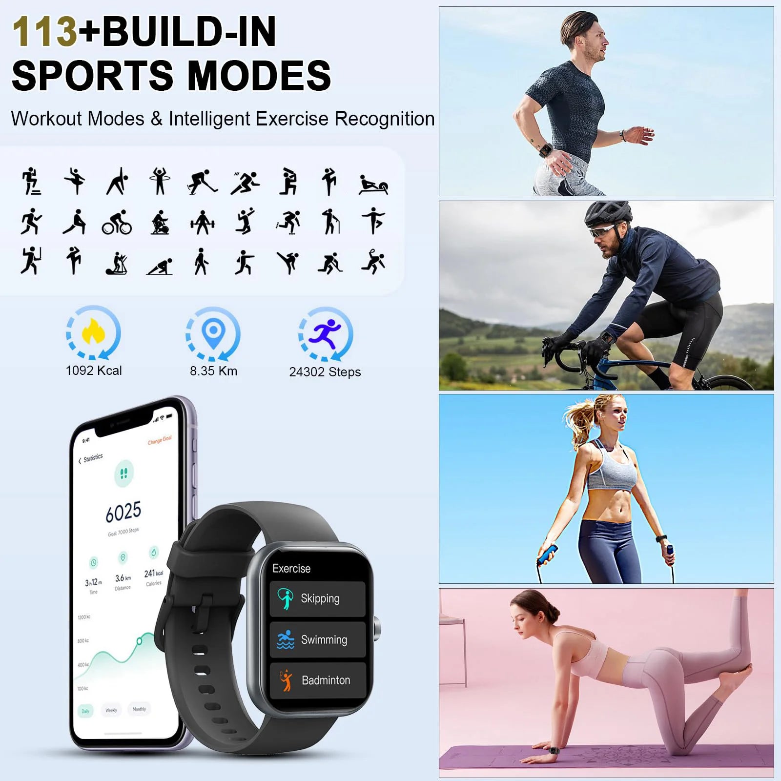 Smart Watch(Answer/Make Calls), 1.96" Smartwatches, Fitness Tracker, Sleep Monitor, Pedometer, 100+ Sport Modes, IP68 Waterproof