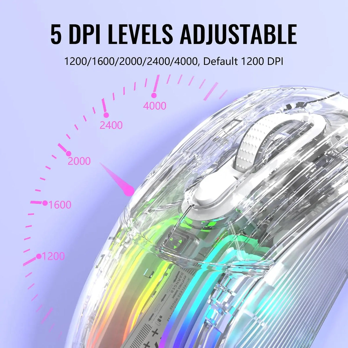 Wireless Gaming Mouse with RGB Charging Dock,Tri-Mode Mute Mouse RGB Backlit,Transparent Shell,PixArt 3212