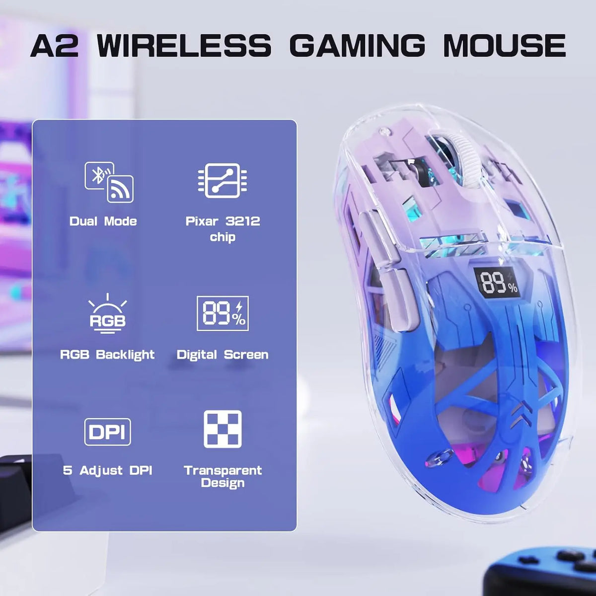 Wireless Gaming Mouse, BT 5.0/2.4G PC Rechargeable RGB Mice with Digital Screen,PixArt 3212, 5 Adjustable DPI