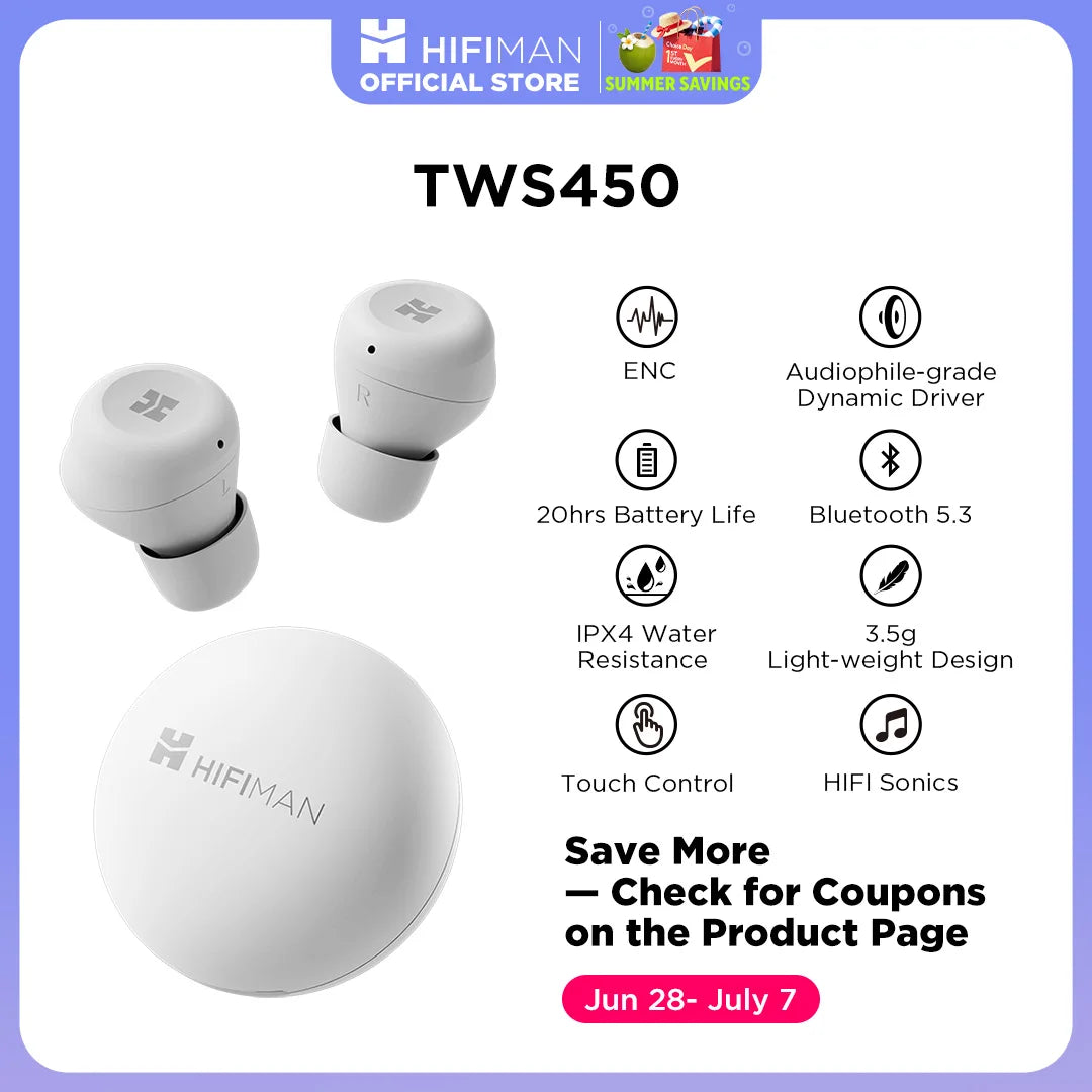 HIFIMAN TWS450 True Wireless Stereo Headset mit Umgebungsgeräuschunterdrückung & dynamischem Treiber in Audiophilen-Qualität