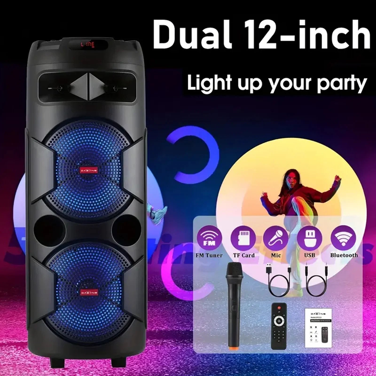 9000W Dual 12 inch Subwoofer Bluetooth Party Speaker With RGB Lights, FM Radio, USB/TF Playback, TWS Pairing, Long Playtime
