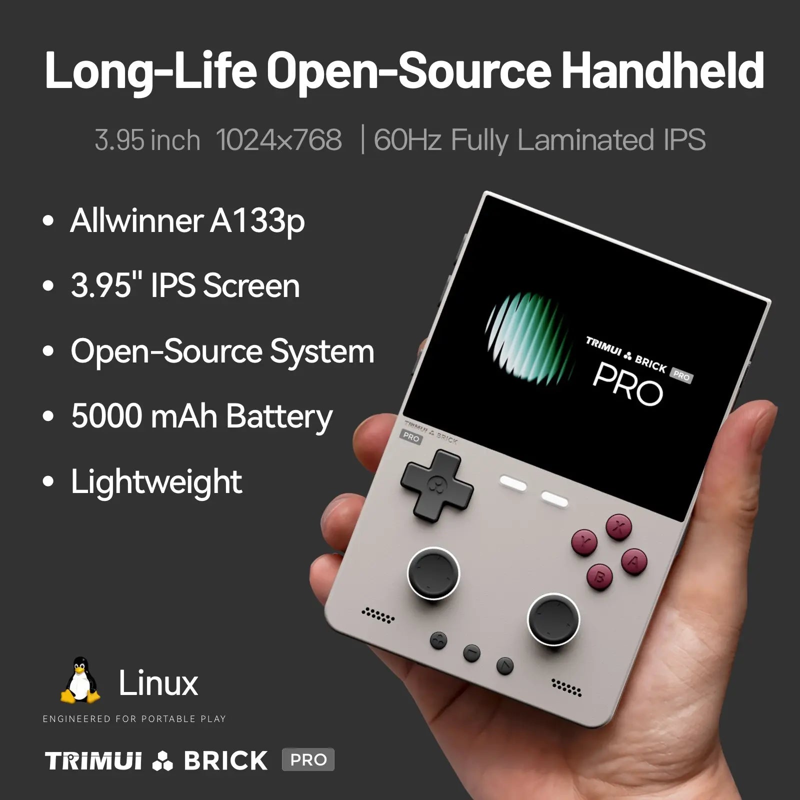 TRIMUI BRICK PRO Handheld Game Console 3.95'' IPS Screen RGB Top Light Dual Hall Joysticks  A133P Linux 4.9 System 5000mAhGifts