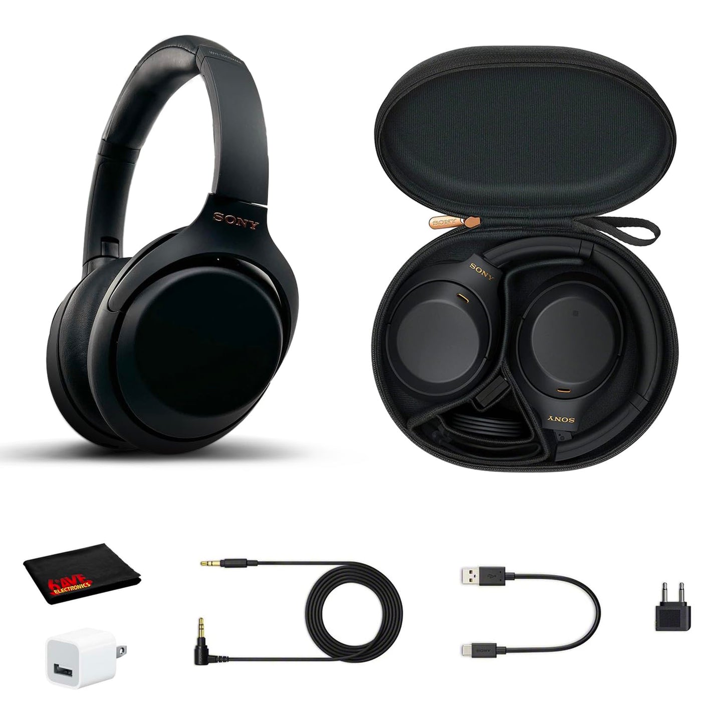 Sony WH-1000XM4 Wireless Noise Canceling Overhead Headphones with Mic for Phone-Call Voice Control Black with USB Wall Adapter and Microfiber Cleaning Cloth - Bundle