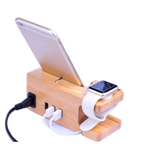 2-in-1 Bambusholz-Ladestation Ständer 3 USB für iPhone &