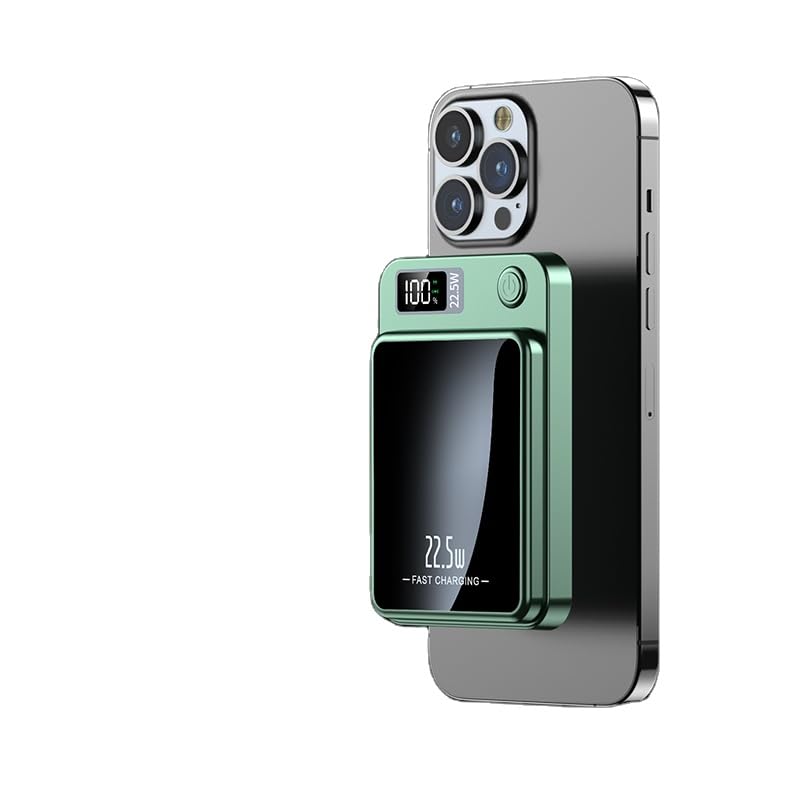 FABKITT Magnetic Wireless Portable Charger 10000mAh Battery Pack 22.5W PD Fast Charging LED Display USB-C Cable for iPhone Samsung Galaxy White (Green)