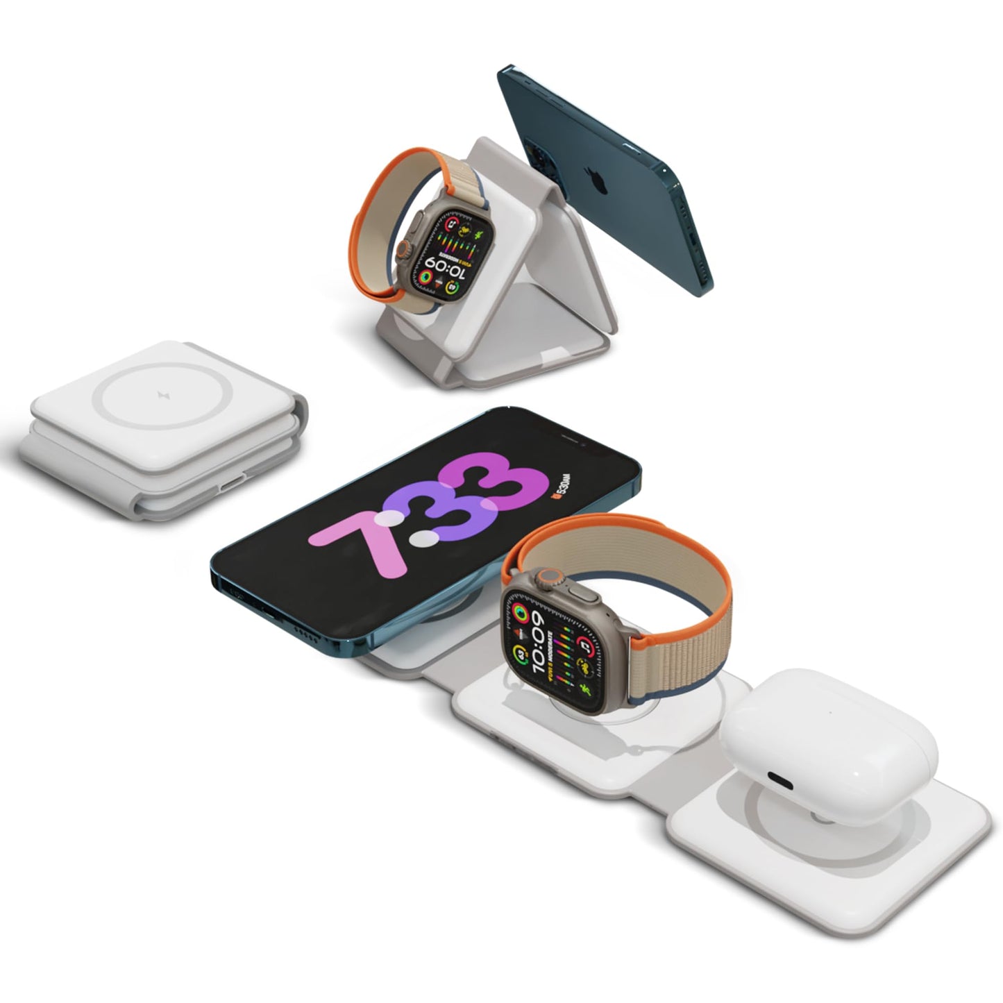 ChargeWorx 3-in-1 Wireless Charging Pad w/Foldable Travel Stand Rapid 15W Station Charges 3 Devices Compatible with iPhone AirPods & Apple Watch