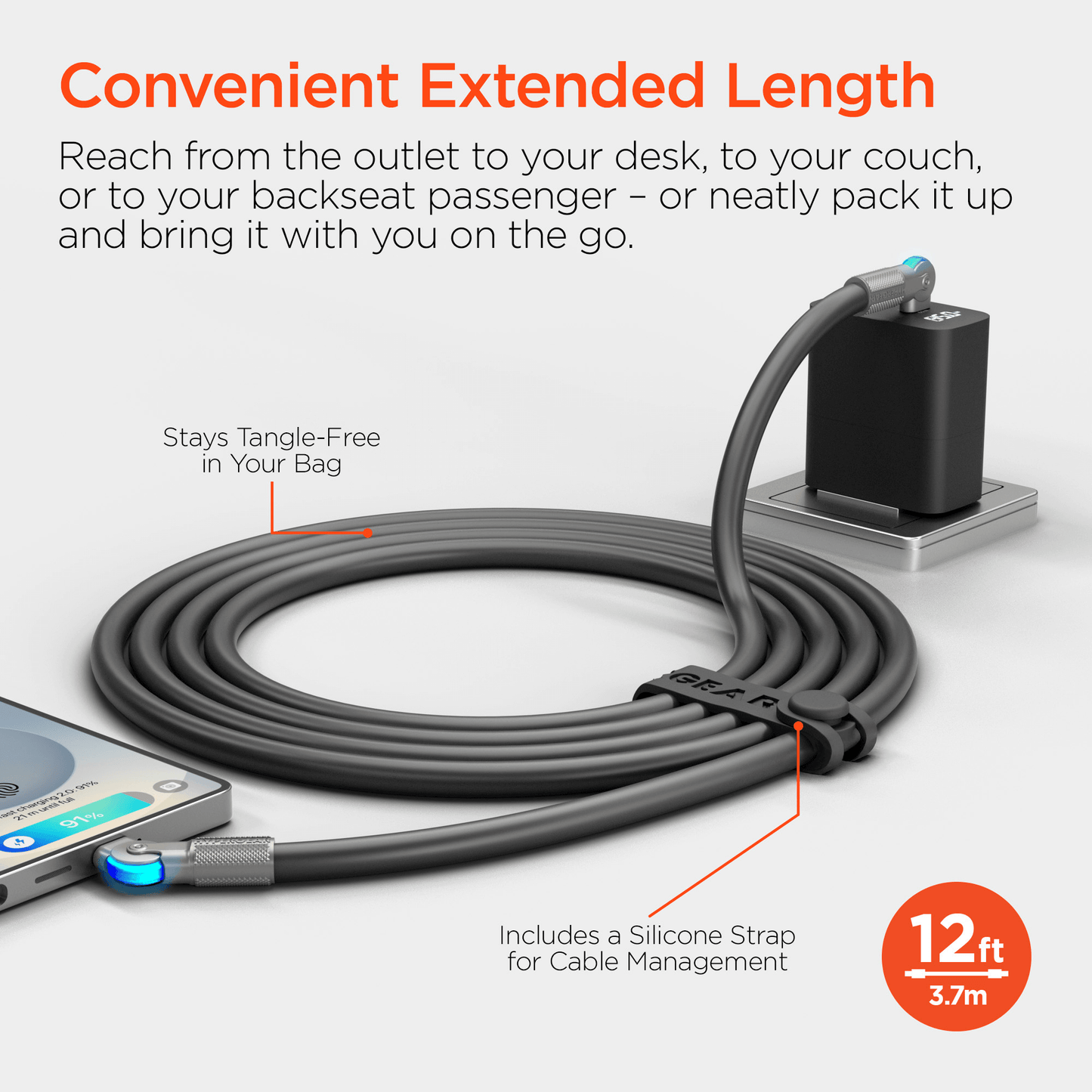 Cable de carga rápida robusto HyperGear Chunky180° 100W USB-C a USB-C de 3.6m