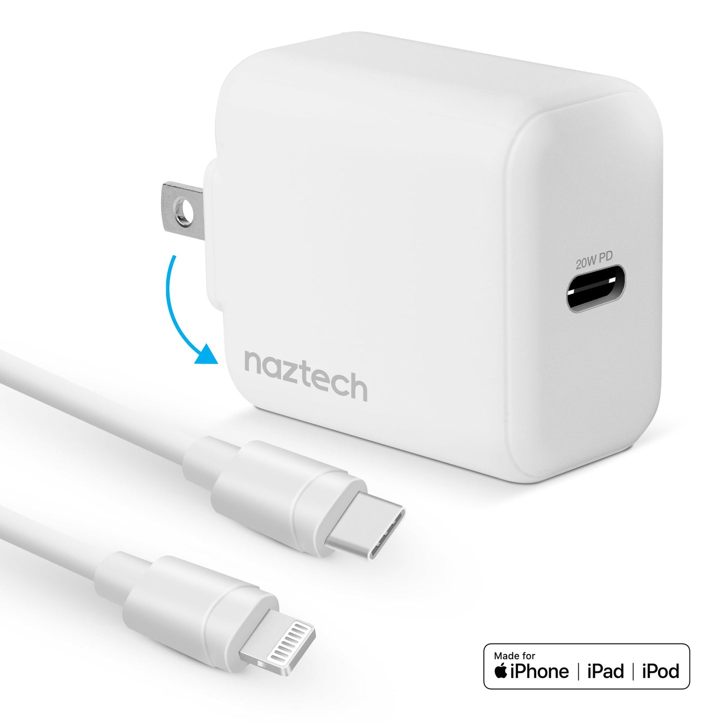 Cargador de pared Naztech PD de 20 W + cable USB-C a Lightning de 1.2 m