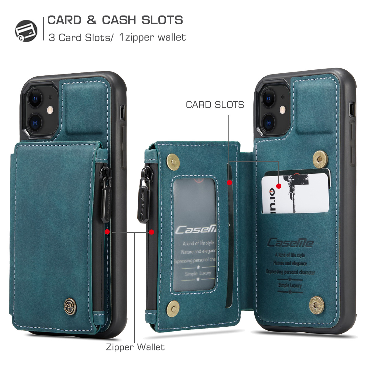 Funda de cuero para iPhone con ranuras para tarjetas y cierre de cremallera