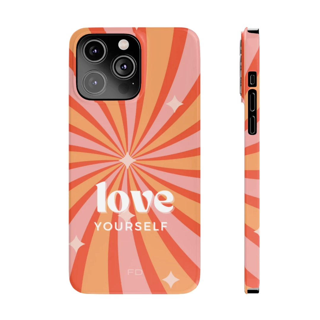 Funda delgada "Ámate a ti mismo" con mensaje positivo para iPhone serie 14