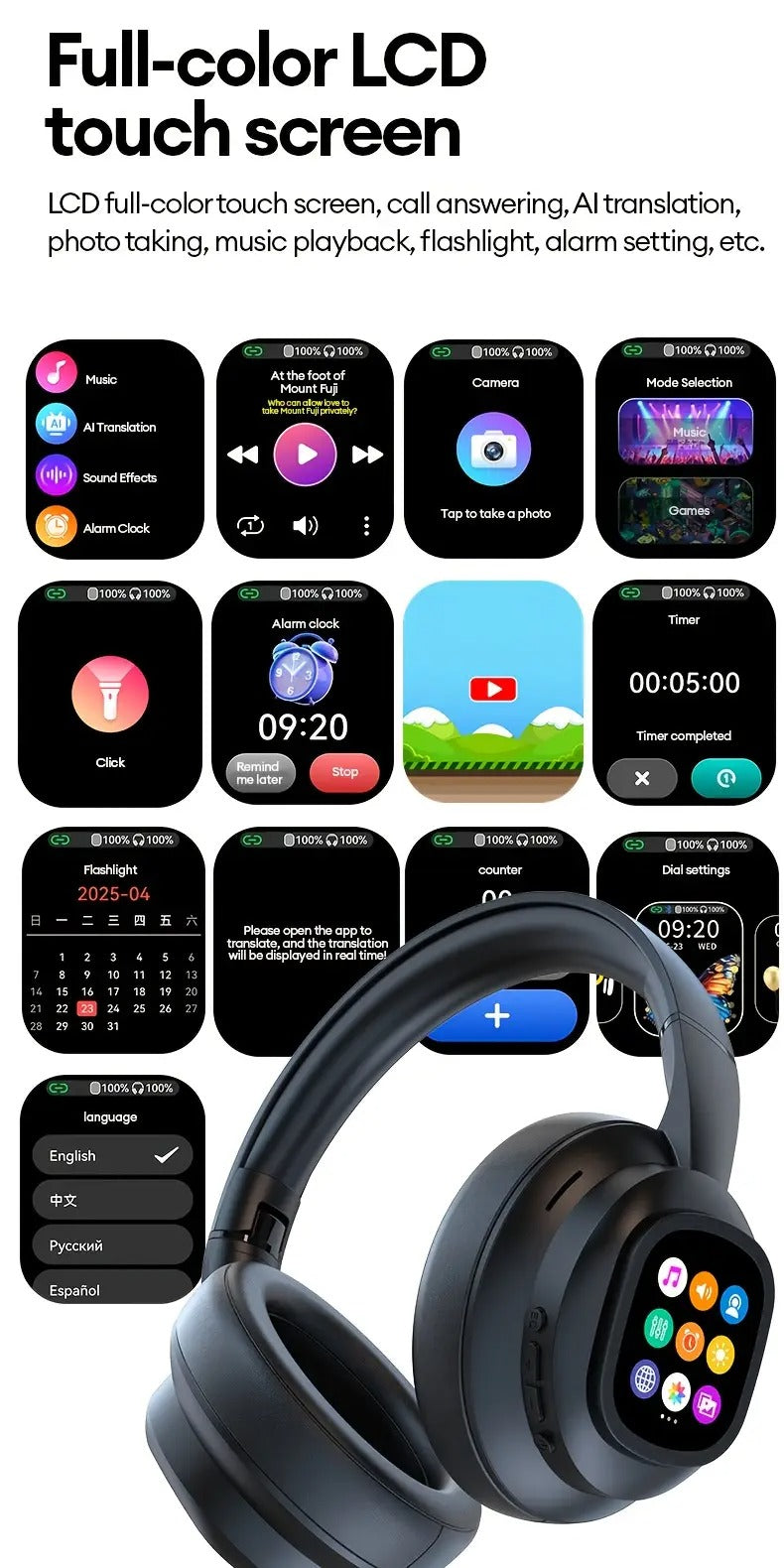 AI Translation Headphones LCD Touch Wireless Earbuds-4