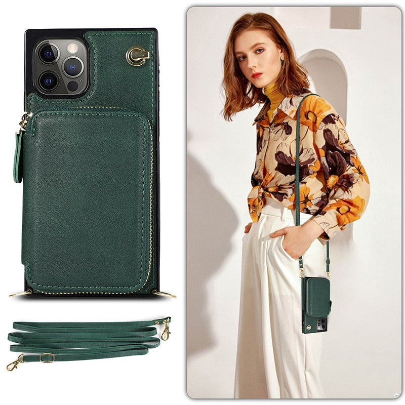 Reißverschluss-Brieftaschen-Handyhülle mit verstellbarem Crossbody-Riemen für das iPhone