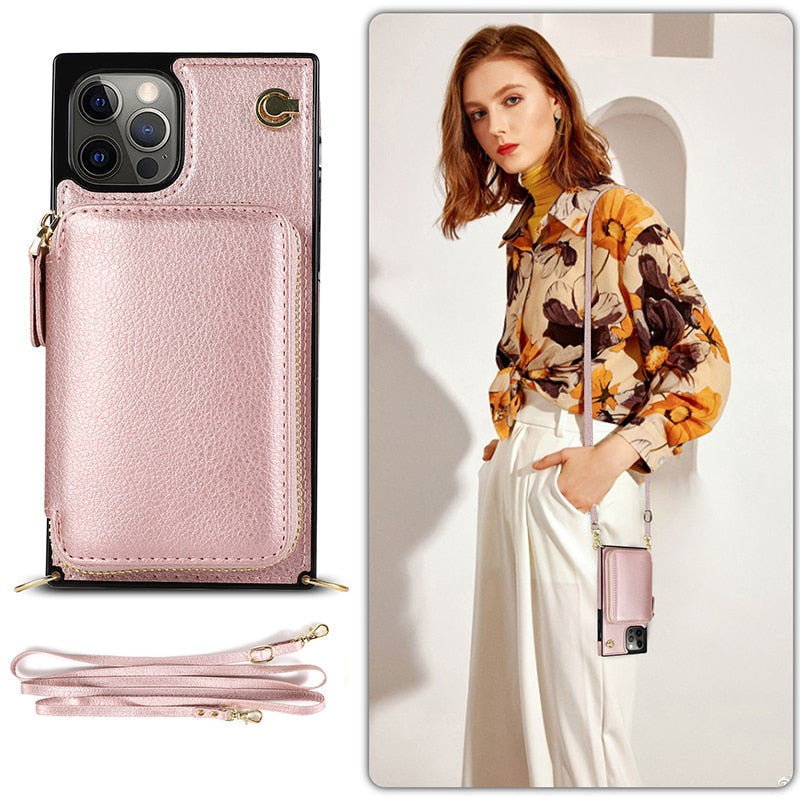Reißverschluss-Brieftaschen-Handyhülle mit verstellbarem Crossbody-Riemen für das iPhone