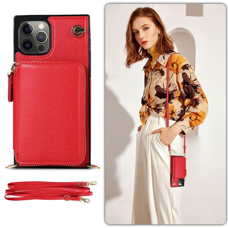 Reißverschluss-Brieftaschen-Handyhülle mit verstellbarem Crossbody-Riemen für das iPhone