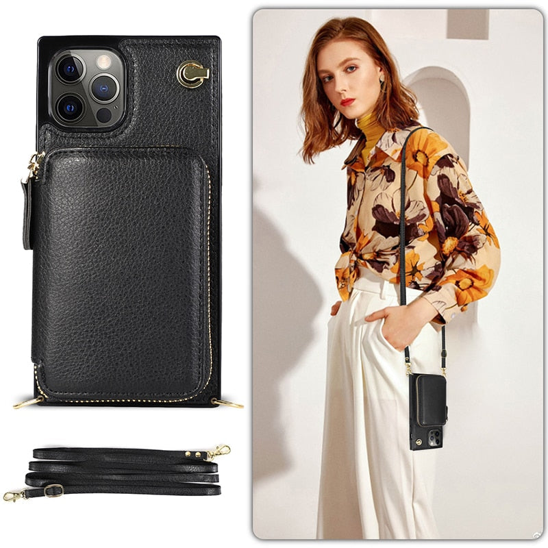 Reißverschluss-Brieftaschen-Handyhülle mit verstellbarem Crossbody-Riemen für das iPhone